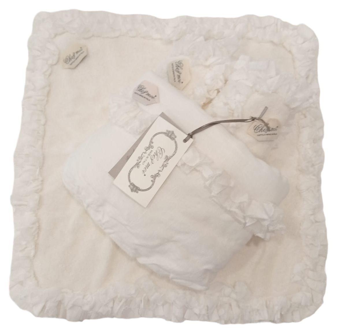 Lavette set da 3 asciugamani bagno con elegante sacchetto di lino, colore: Bianco con pizzo, 100% Made in Italy - Chez Moi - MARIKA DE PAOLA - HOME DECOR