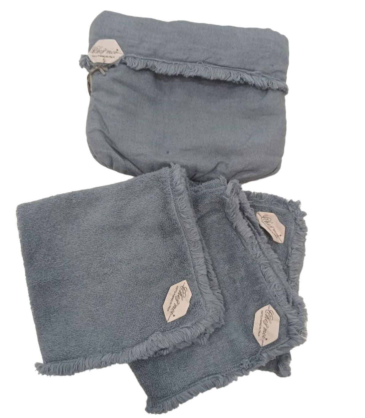 Lavette set da 3 asciugamani bagno con elegante sacchetto di lino, colore: Blu Denim, 100% Made in Italy - Chez Moi - MARIKA DE PAOLA - HOME DECOR
