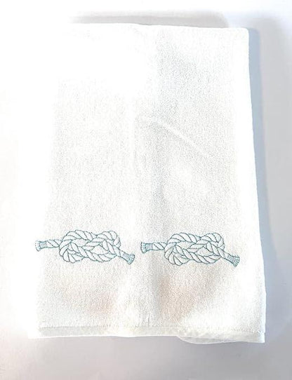 Set Asciugamani 2 pezzi (Viso / Ospite) cotone pregiato con ricami, collezione Lusso Yacht (Bianco / Nodi Azzurri) - MARIKA DE PAOLA - HOME DECOR