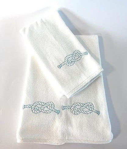 Set Asciugamani 2 pezzi (Viso / Ospite) cotone pregiato con ricami, collezione Lusso Yacht (Bianco / Nodi Azzurri) - MARIKA DE PAOLA - HOME DECOR