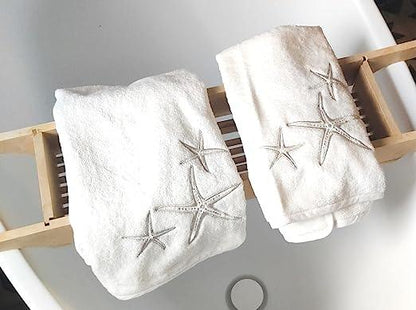 Set Asciugamani 2 pezzi (Viso / Ospite) cotone pregiato con ricami, collezione Lusso Yacht (Bianco / Stelle Marine) - MARIKA DE PAOLA - HOME DECOR