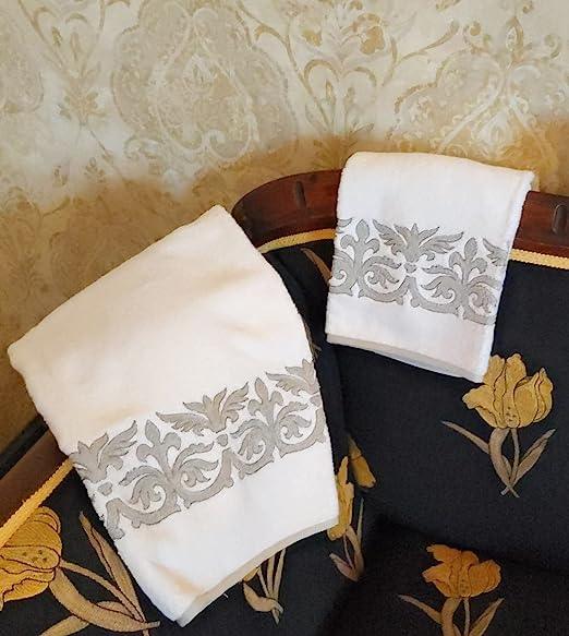 Set Asciugamani 2 pezzi (Viso / Ospite) lino pregiato con ricami, collezione Lusso Yacht (Bianco / Grigio) - MARIKA DE PAOLA - HOME DECOR