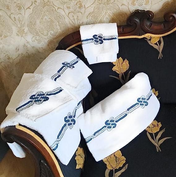 Set Asciugamani 5 pezzi (Viso / Ospite) lino pregiato con ricami, collezione Lusso Yacht (Bianco / Portorico) - MARIKA DE PAOLA - HOME DECOR
