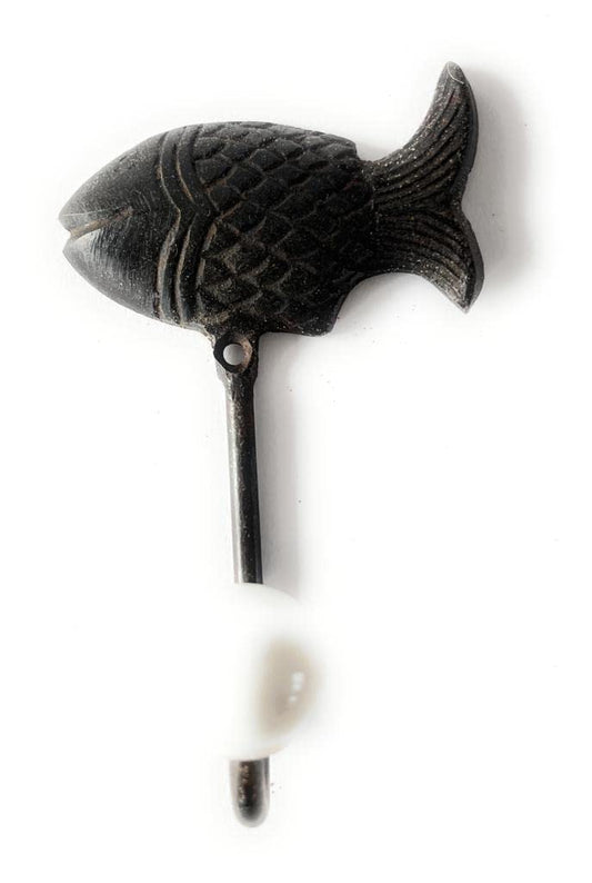 2 appendini a forma di pesce, ganci in bronzo invecchiato con pomello in ceramica bianca - Chehoma 10 cm x 5cm - MARIKA DE PAOLA - HOME DECOR