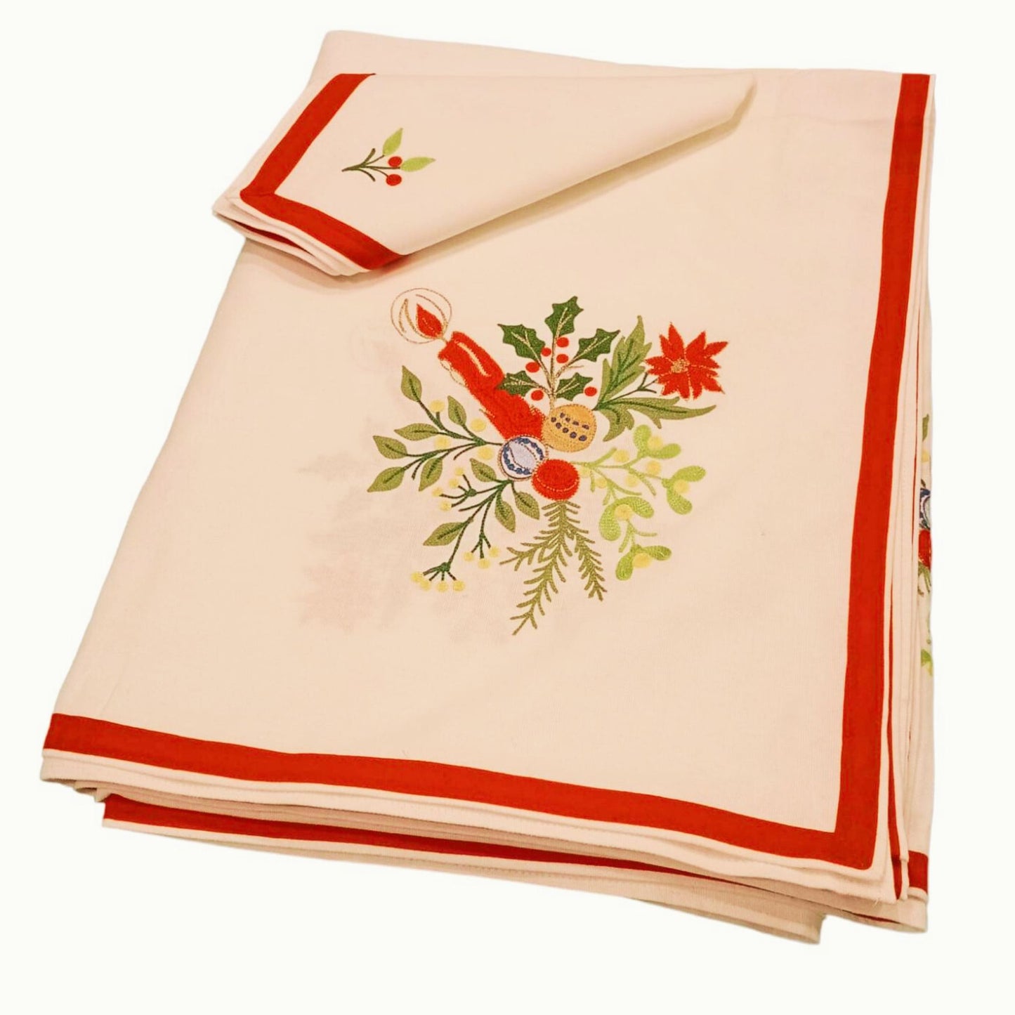 Pure cotton tablecloth with Christmas embroidery - Red Candle - Marika De Paola Su Misura