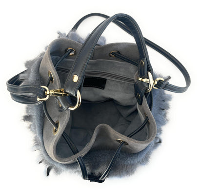 Gray Women's Bag in suede leather and mink fur designed by Marika De Paola, handmade, high craftsmanship Made in Italy