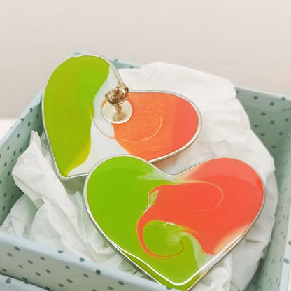 Red Green Hearts earrings in surgical steel and resin, handmade, unique pieces, 100% made in Italy craftsmanship by Vulca