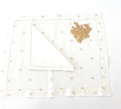 Set of 2 placemats (2 placemats + 2 napkins) in LINEN BYSSUS model Corallo White / Gold, 100% made in Italy 
