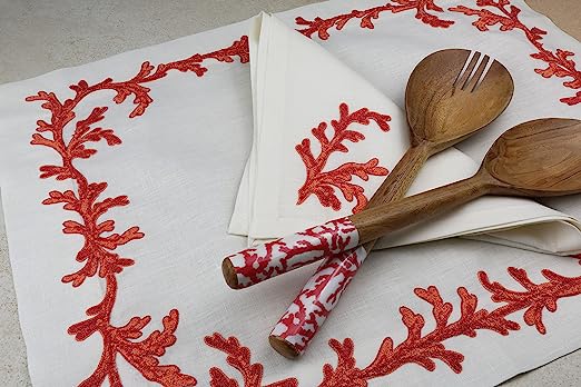 Set of 2 placemats (2 placemats + 2 napkins) in PURE LINEN model Coralli, White / Red, 100% made in Italy 