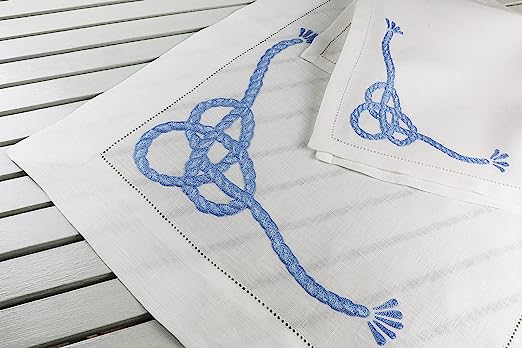 Set of 2 placemats (2 placemats + 2 napkins) in PURE LINEN model White / Light Blue Marine Knots, 100% made in Italy 