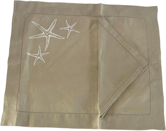 Set of 2 placemats (2 placemats + 2 napkins) in PURE LINEN model Starfish, Sand / White, 100% made in Italy 