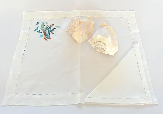 Set of 2 placemats (2 placemats + 2 napkins) in PURE LINEN Angel Fish model White / Blue, 100% made in Italy 