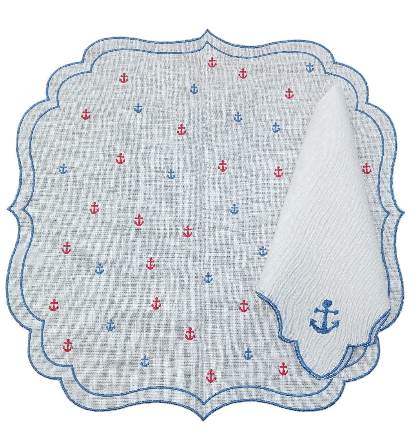 Marika De Paola - Placemat in pure waxed linen with matching napkin - Motif: Anchors