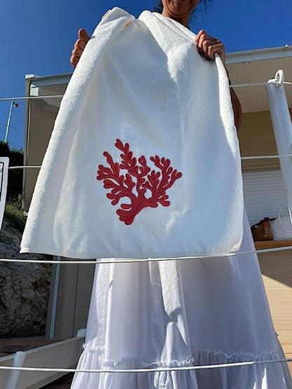 Towel Set 2 pieces (Face / Guest) fine linen with embroidery, Luxury Yacht collection, 100% made in Italy, Marika De Paola (White / Red Coral)