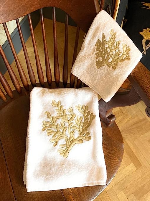 Towel Set 2 pieces (Face / Guest) fine linen with embroidery, Luxury Yacht collection, 100% made in Italy, Marika De Paola (White / Coral Beige)