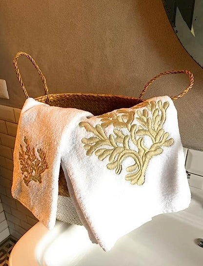 Towel Set 2 pieces (Face / Guest) fine linen with embroidery, Luxury Yacht collection, 100% made in Italy, Marika De Paola (White / Coral Beige)
