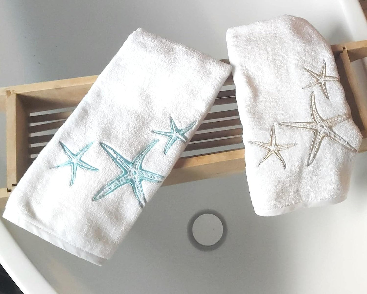 2-piece Towel Set (Face / Guest) fine cotton with embroidery, Luxury Yacht collection, 100% made in Italy, Marika De Paola (White / Bicolor Starfish)