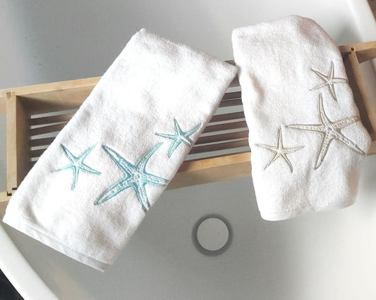 2-piece Towel Set (Face / Guest) fine cotton with embroidery, Luxury Yacht collection, 100% made in Italy, Marika De Paola (White / Bicolor Starfish)