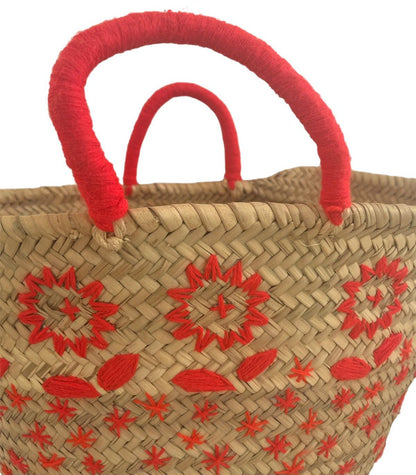 Handmade and woven bag in palm leaves with wool embroidery, Fluo Orange Pattern