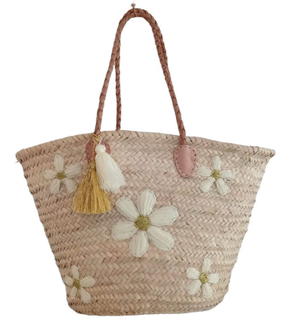 Handmade and woven bag in palm leaves with wool embroidery, White and Gold Flowers motif