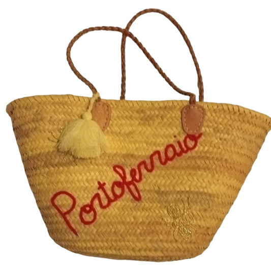 Handmade and woven bag in palm leaves with wool embroidery, Portoferraio motif