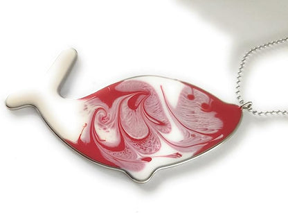 Chain with Red White Fish Pendant in surgical steel and multicolor Vulca resin, unique handmade pieces, 100% made in Italy craftsmanship