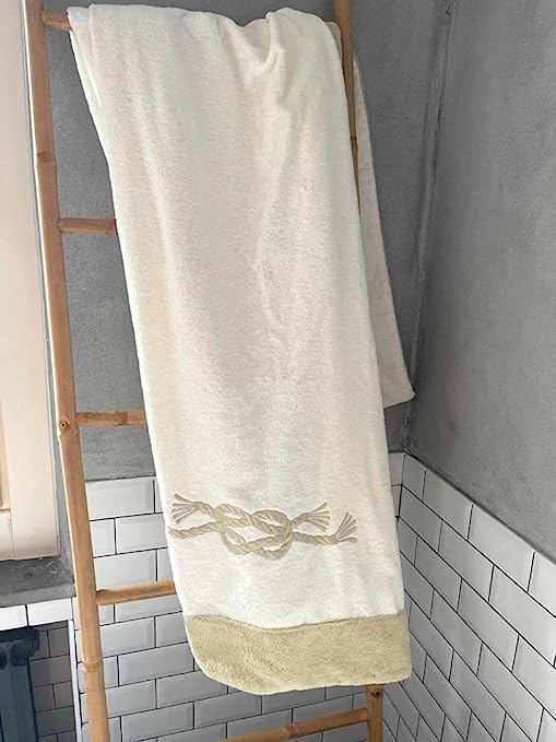 Serviette de plage collection Luxury de Marika De Paola, coton éponge fin, 100% made in Italy, modèle : Nodo Marinaro (Beige / Blanc) 