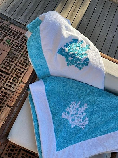 Beach towel Luxury collection by Marika De Paola, fine cotton terry, 100% made in Italy, model: Corallo (Blue / White) 