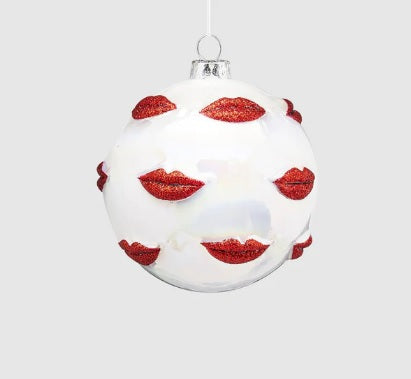 Palle di Natale - Sfera color madreperla con labbra rosse con glitter - 10 cm