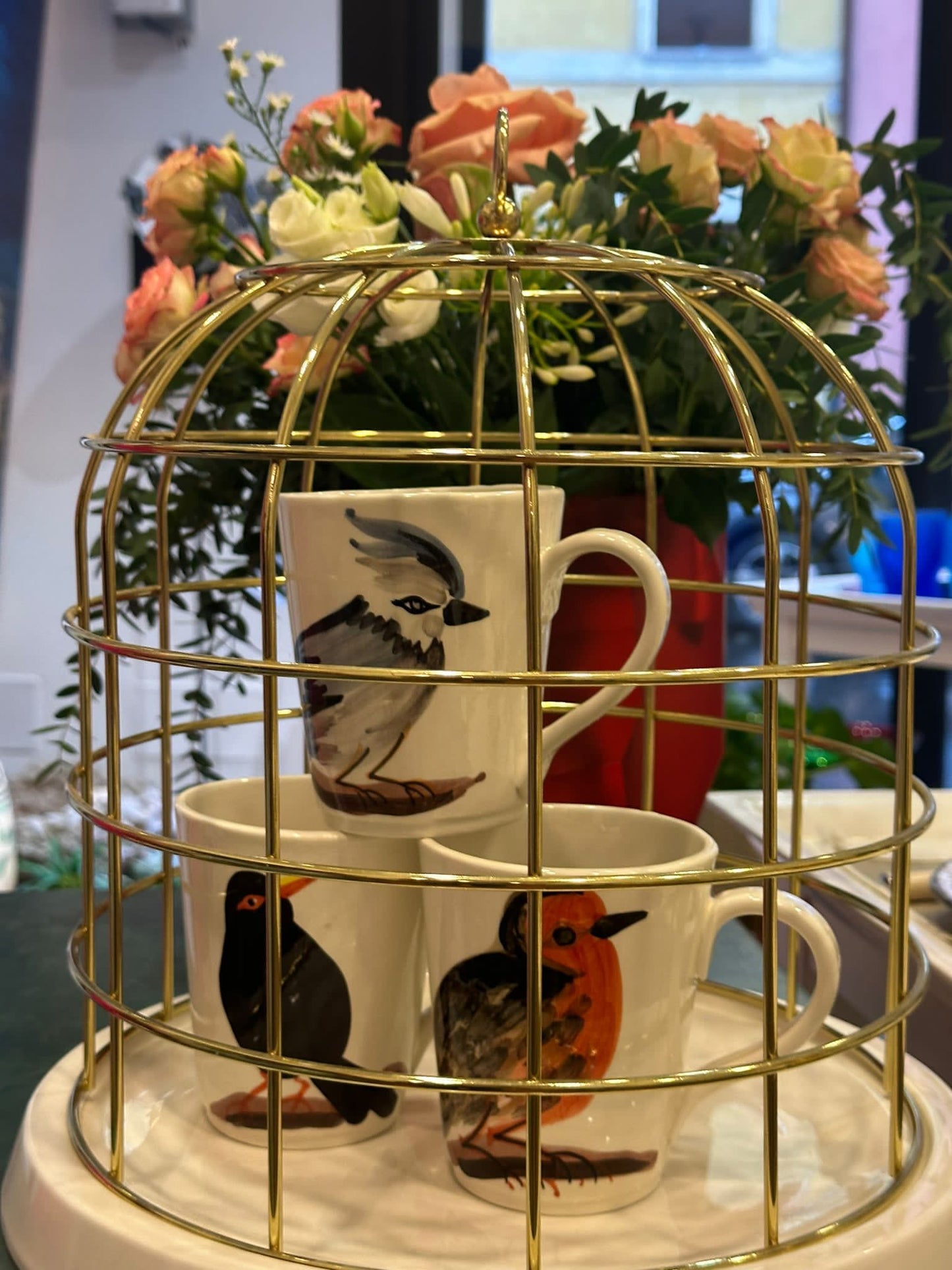 Seletti Twitable bird cage, Golden matello and porcelain base 32.5 cm in diameter