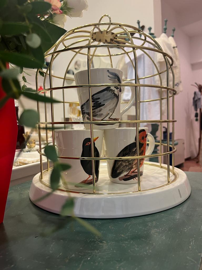 Seletti Twitable bird cage, Golden matello and porcelain base 32.5 cm in diameter