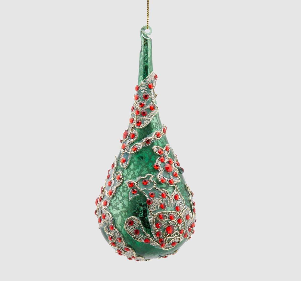 Large Christmas drop in green glass with applied red glitter, 24 cm