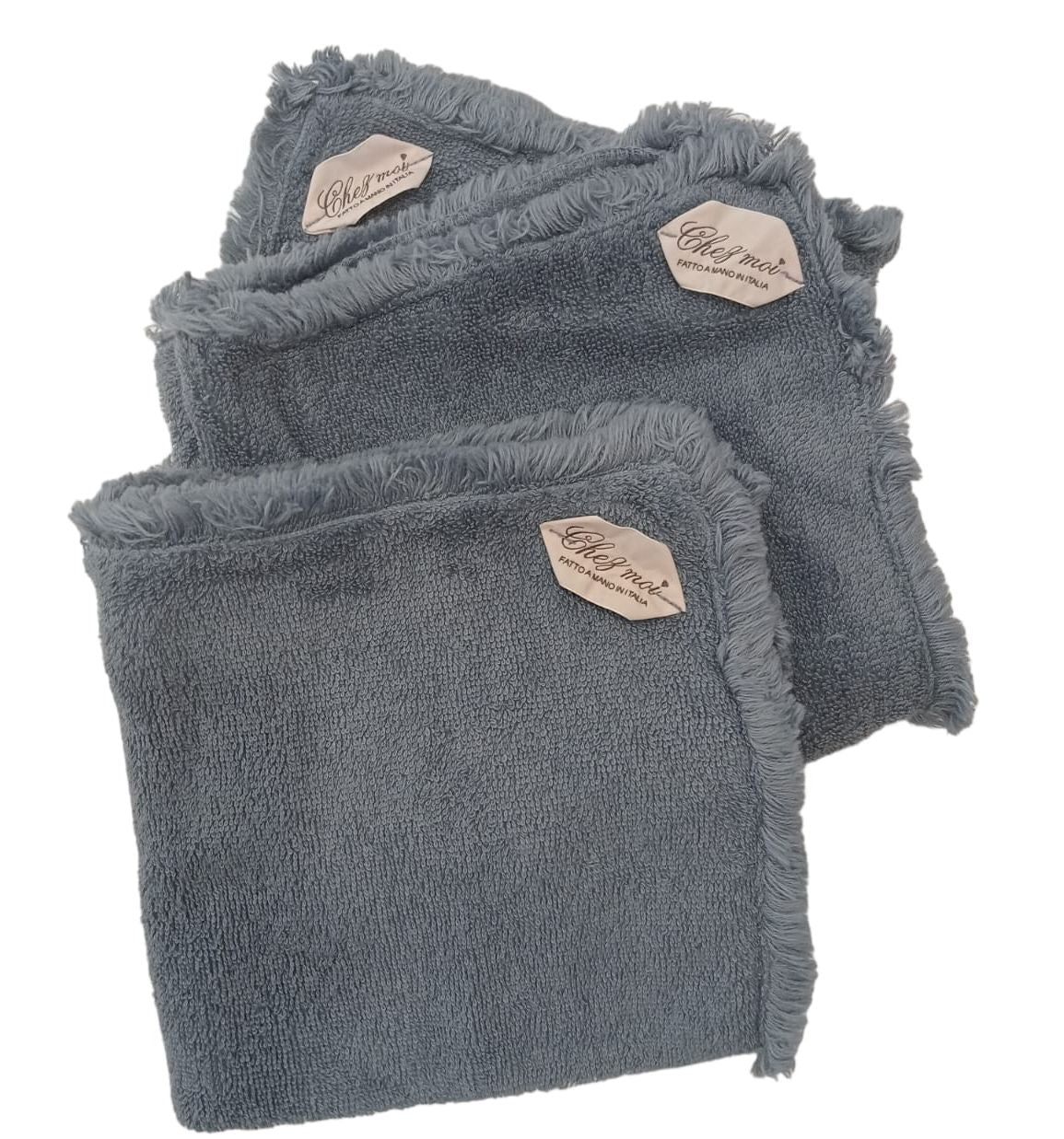 Lavette set da 3 asciugamani bagno con elegante sacchetto di lino, colore: Blu Denim, tessuti pregiati, 100% Made in Italy - Chez Moi