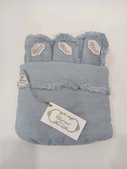 Lavette set da 3 asciugamani bagno con elegante sacchetto di lino, colore: Grigio Perla, tessuti pregiati, 100% Made in Italy - Chez Moi