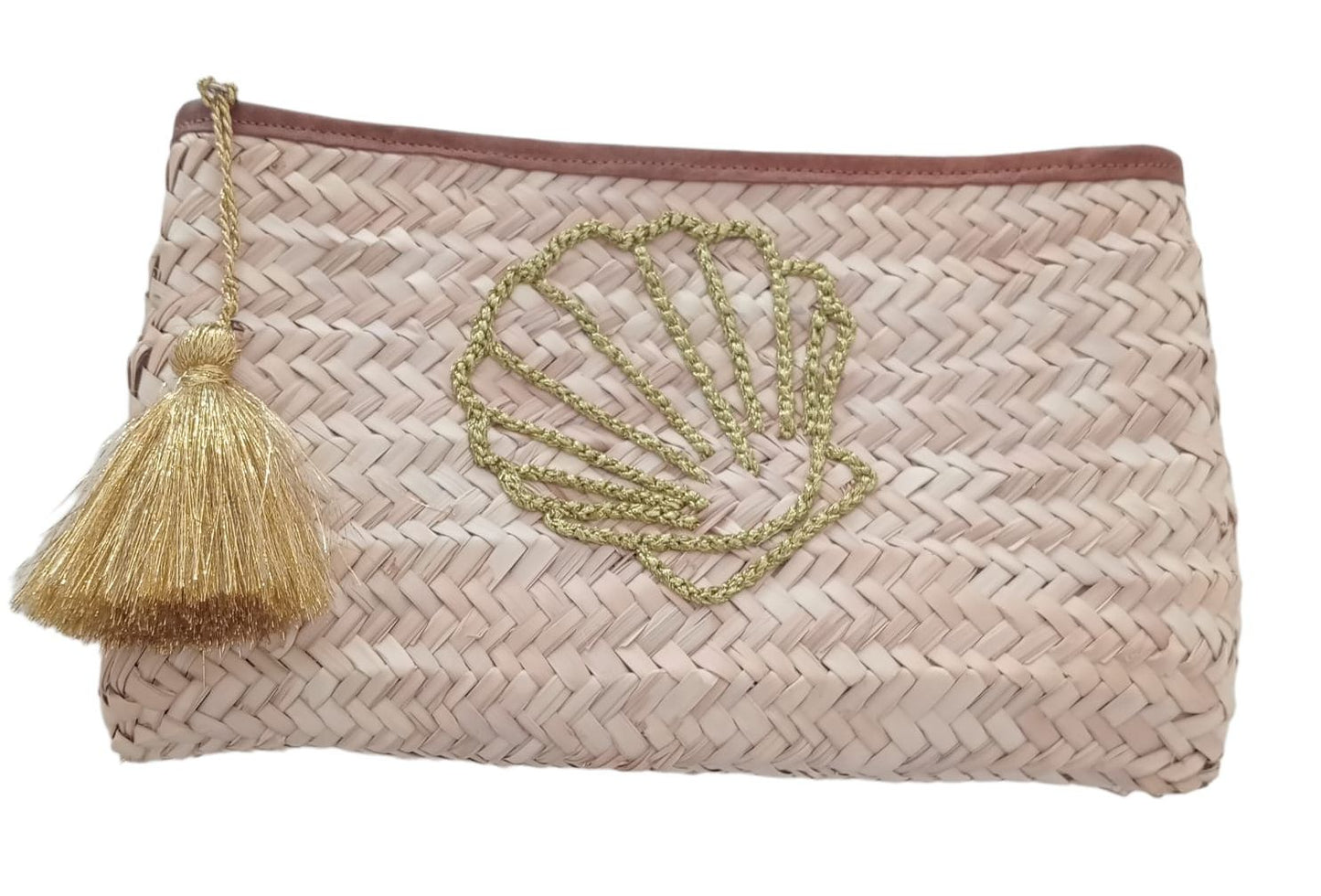 Pochette rettangolare fatta a mano e intrecciata in foglie di palma con ricami in lana, motivo Conchiglia Dorata