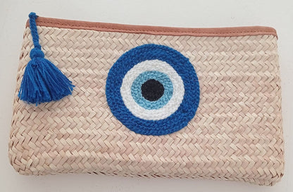 Rectangular hand-woven clutch bag in palm leaves with wool embroidery, Eye of Allah motif