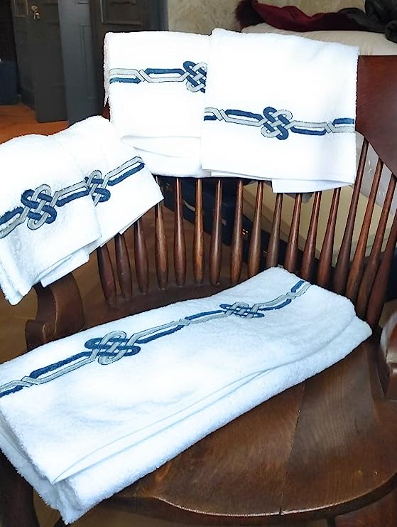 5-piece Towel Set (Face / Guest) fine linen with embroidery, Luxury Yacht collection, 100% made in Italy, Marika De Paola (White / Puerto Rico) 