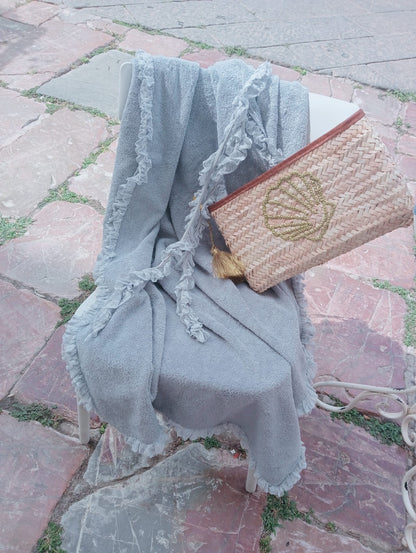 Chic beach towel in pure cotton decorated with lace, Italian textile product Chez Moi collection - Color: Pearl Gray
