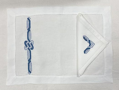 Set of 2 placemats (2 placemats + 2 napkins) in PURE LINEN model Portorico White / Blue, 100% made in Italy 