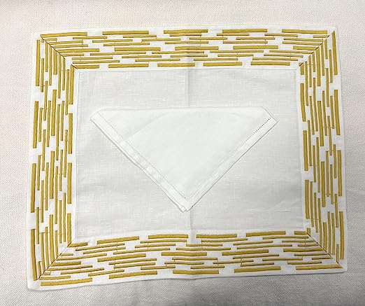 Set of 2 placemats (2 placemats + 2 napkins) in PURE LINEN model White / Yellow Chopsticks, 100% made in Italy 