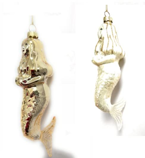 Christmas Decorations - Pair of Mermaids with beads and glitter (cm 15 x 4) 1 gold color and 1 mother of pearl color