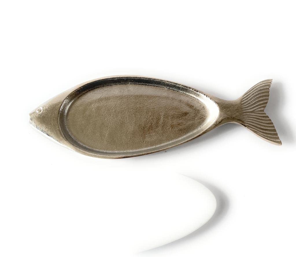 Chehoma - Plateau de service en forme de poisson en aluminium et marbre (mesure 40 cm x 13,5 cm x 2 cm)