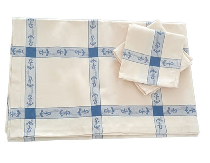 Tablecloth with 12 napkins (Table Service), Rectangular 12 Pers, Pure Cotton Flanders, embroidery: dolphins and anchors