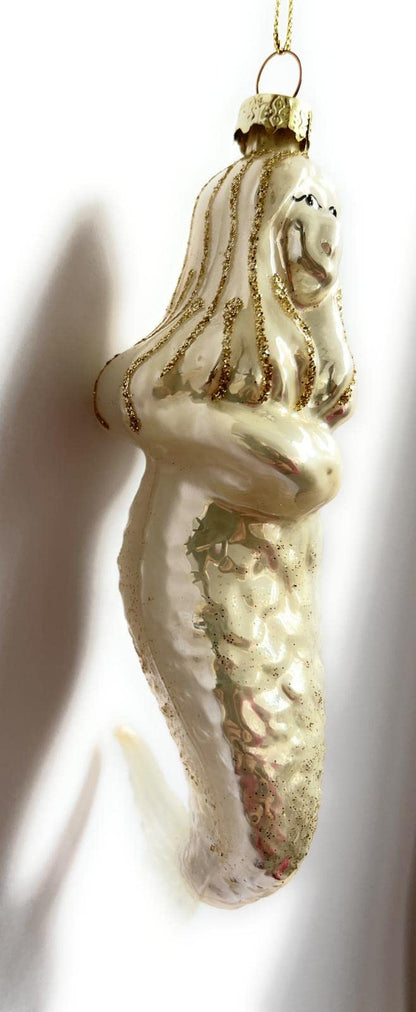 Christmas Decorations - Pair of Mermaids with beads and glitter, 1 gold-colored and 1 mother-of-pearl color