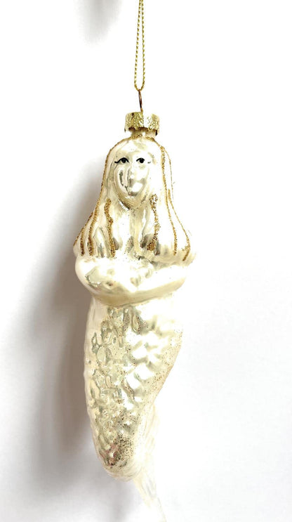 Christmas Decorations - Pair of Mermaids with beads and glitter (cm 15 x 4) 1 gold color and 1 mother of pearl color