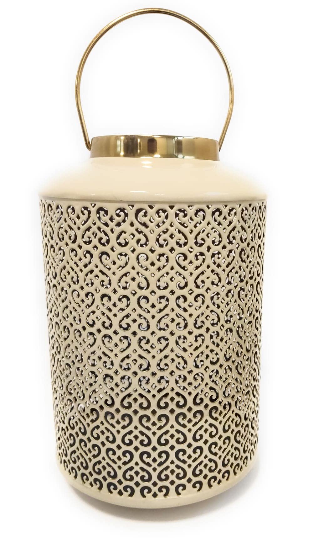 Lanterna bombata in metallo, colore Bianco beige / Oro, altezza 30 cm - Enzo De Gasperi