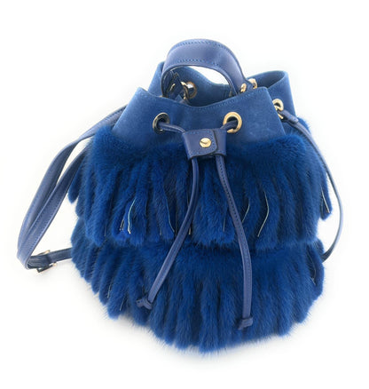 Blue Women's Bag in suede leather and mink fur designed by Marika De Paola, handmade, high craftsmanship Made in Italy