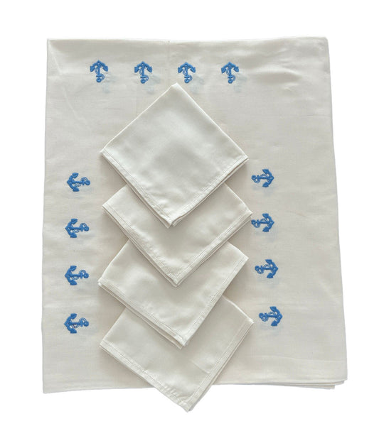Nappe avec 12 serviettes, Rectangulaire x 12 Pers, Pur Coton, 100% Made in Italy (ancres bleues)